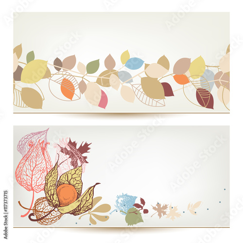 Autumn vector banners. Fall leaves and fruits header set