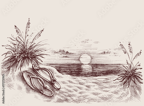 Sunset on the beach vector drawing. Flip flops on beach