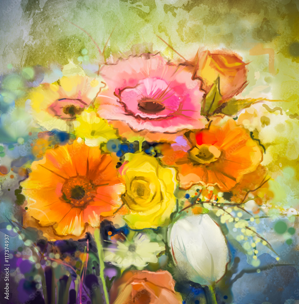 Obraz Kwiaty w akwarela. Ręki malują wciąż życie bukiet kolor żółty, pomarańcze, biały gerbera, wzrastali, tulipanowi kwiaty na grunge tekstur tle. Styl Vintage malarstwa. Wiosenny kwiat natura tło