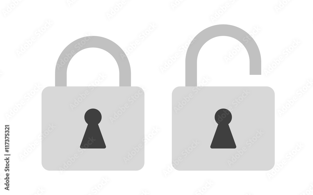 Flat icon locked and unlocked gray padlock. Lock icon. Vector illustration. Flat icon locked and unlocked gray padlock. Lock icon. Vector illustration.