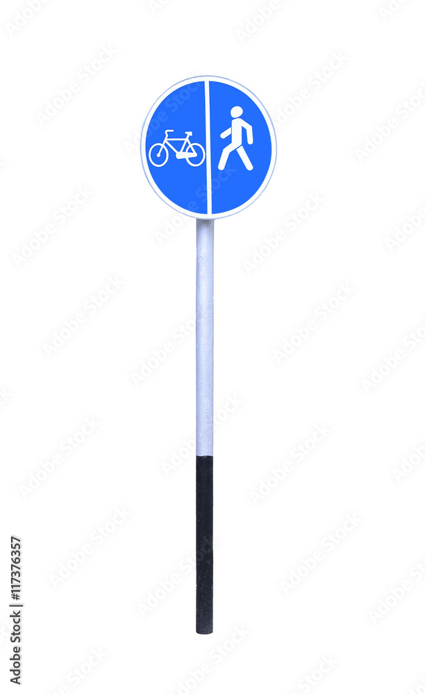 Bike lane and pedestrian walkway sign on white background. Bike lane and pedestrian walkway sign on white background.