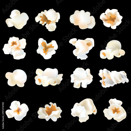 Realistic 3d popcorn of various forms. Isolated popcorn slices on black background. Vector object.