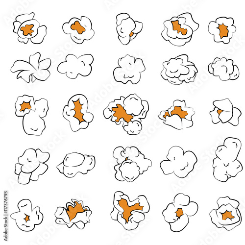 Hand drawn popcorn of various forms. Isolated popcorn slices on white background. Vector object.