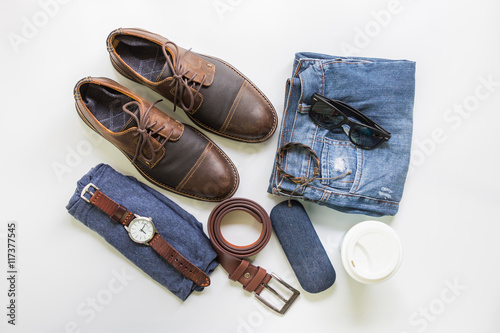 Men's casual outfits with brown leather shoes and accessories, flat lay, top view background.