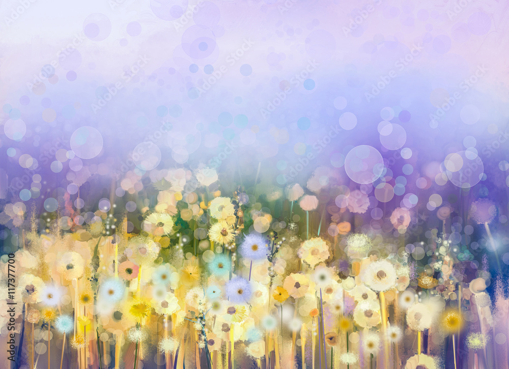 Abstract oil painting flowers plant. Dandelion flower in fields. Meadow landscape with wildflower. Purple,Blue sky color with bokeh