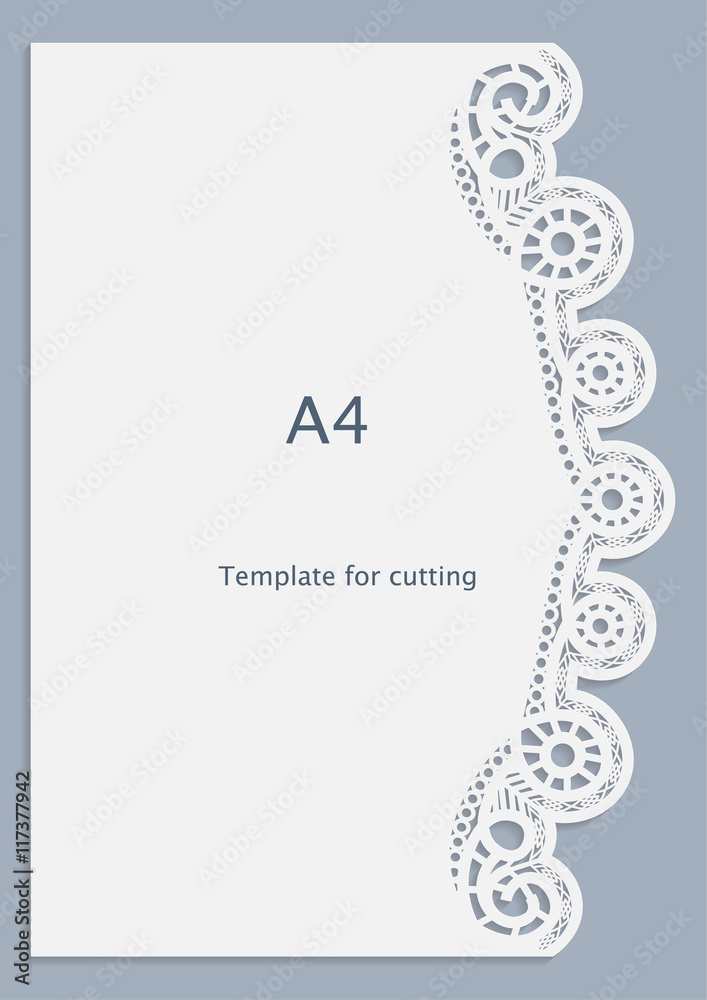 Obraz premium A4 paper lace greeting card, white pattern, cut-out template, template congratulation, perforation pattern, vector