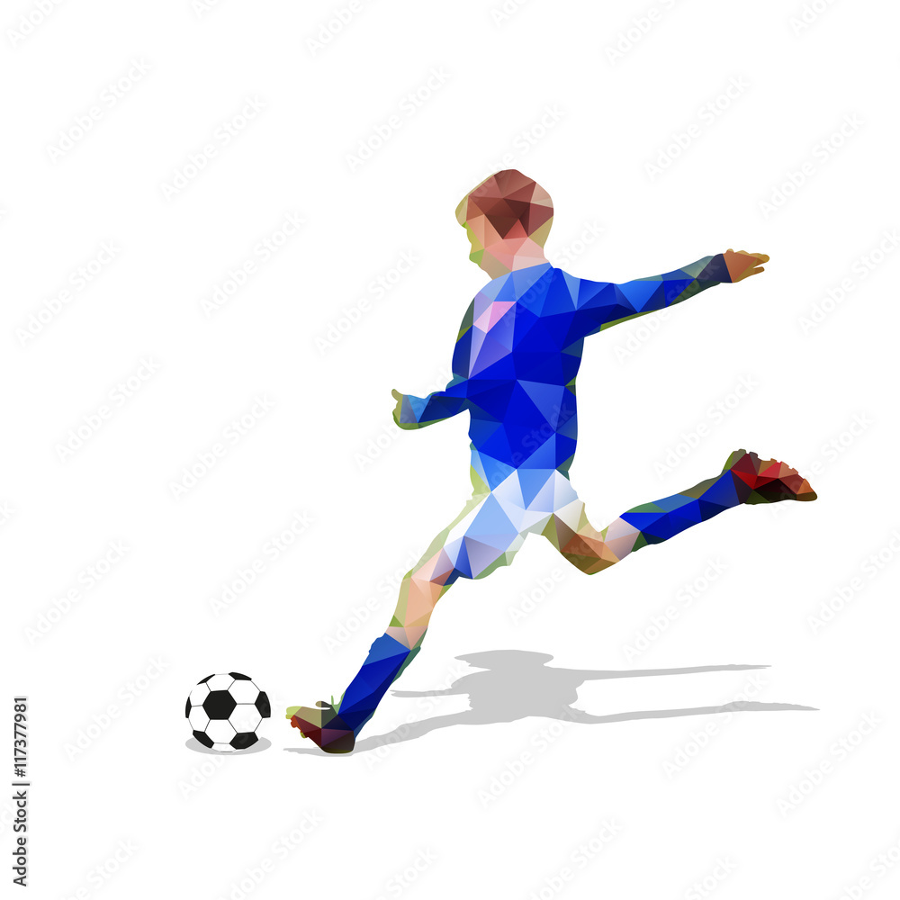 Abstract soccer player. Kicking ball. Polygonal soccer player, g
