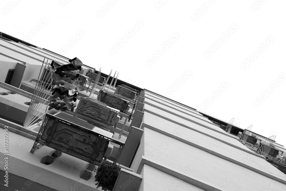 Look up at apartment housing in Thailand. Step of building. pattern physical background in isolated. Look up at apartment housing in Thailand. Step of building. pattern physical background in isolated.