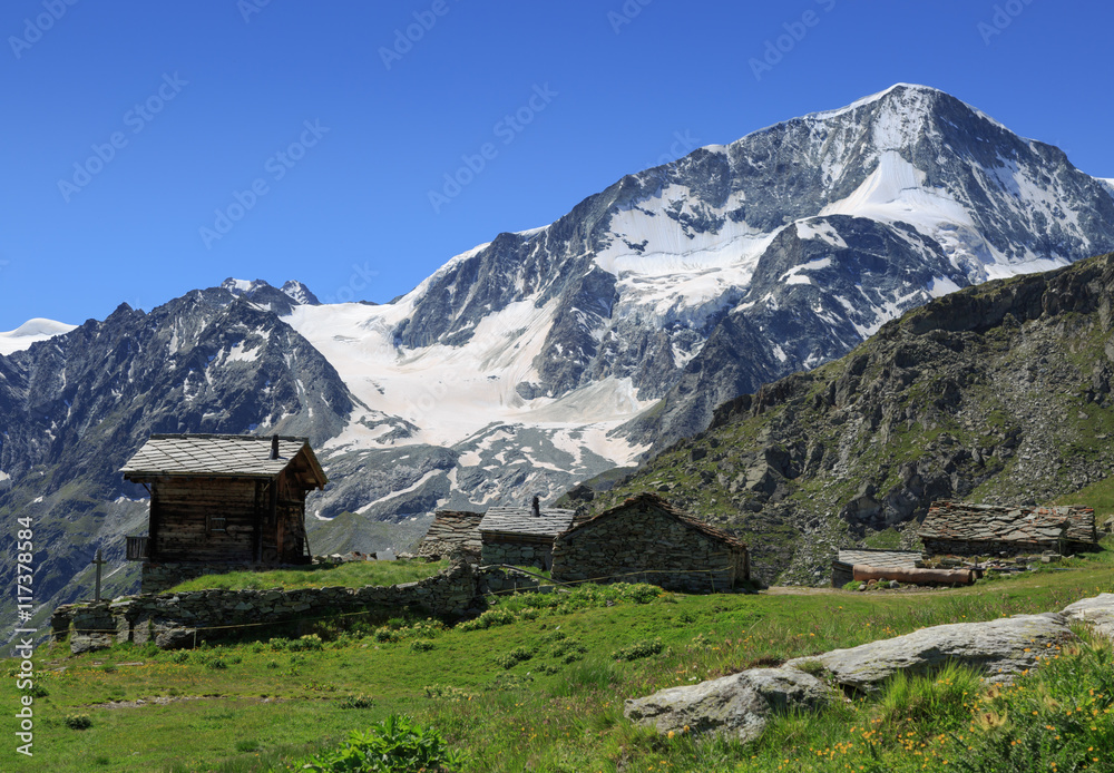 Huts of Pra Gra Remointse in the mountains near Arolla, Switzerland.