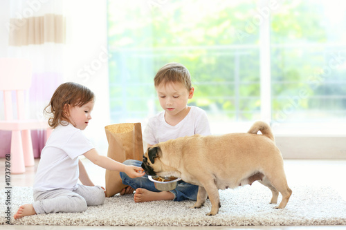 Cute boy and girl feeding s...