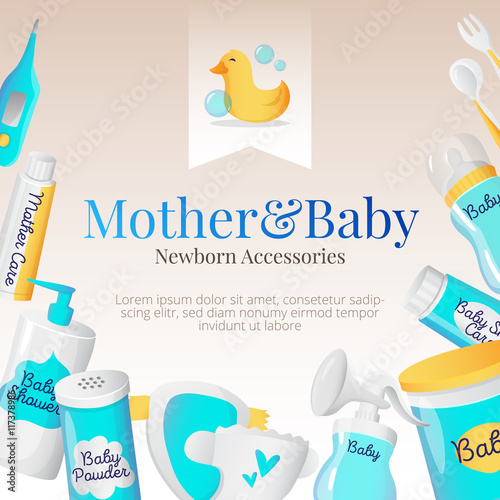 Vector baby accessories poster design. Newborn goods frame.