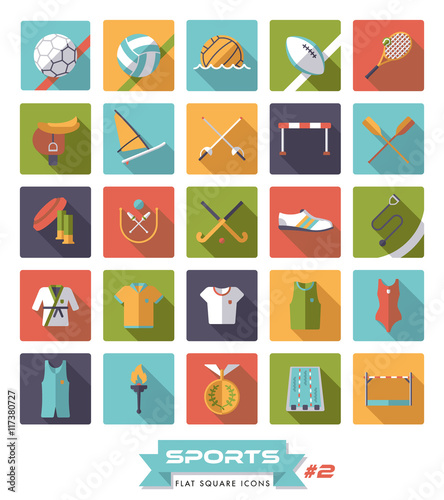 sports flat design long shadow square icons vector set 2
