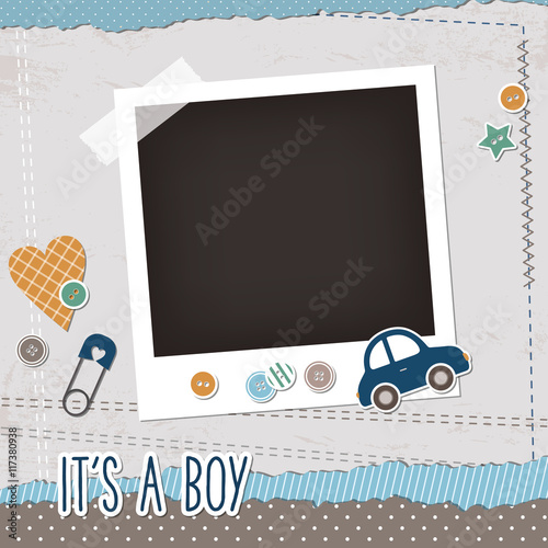 Baby boy scrapbook elements, photoframe, buttons, toy car, pin