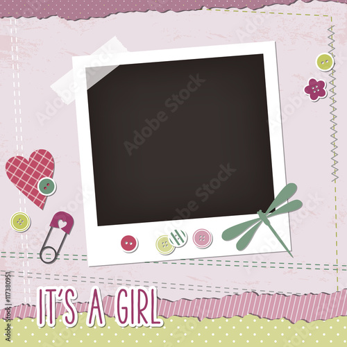 Baby girl scrapbook elements, photoframe, buttons, dragonfly, pin