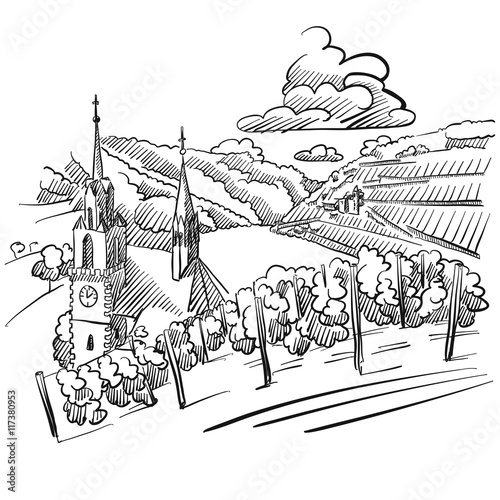 German Vineyard Sketch with Church, River and Hills