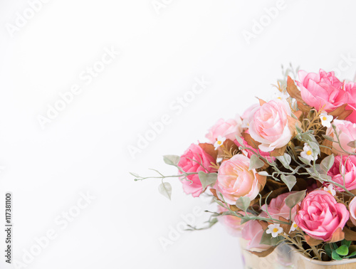 still life interior decoration pink rose flower isolated on white background.