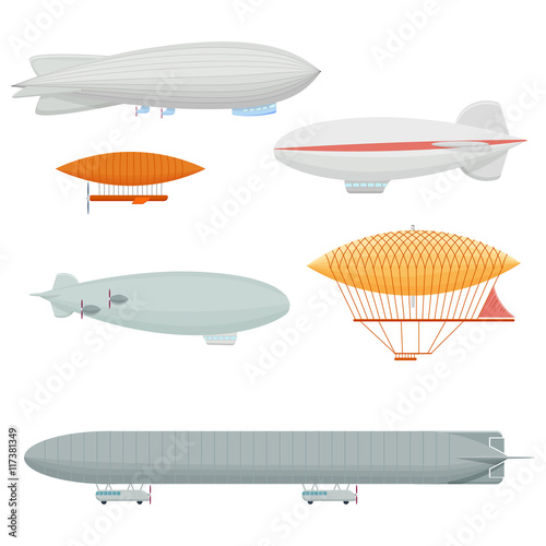Dirigible set vector illustration isolated on white background