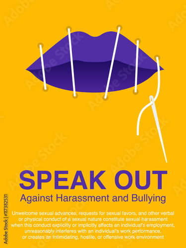 Lip sewing of the woman mouth. Sexual harassment, Stop violence against women, Workplace bullying concept poster.