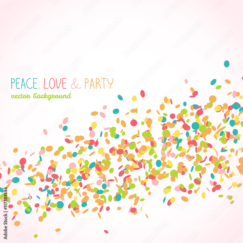 Peace, Love & Party card. Colorful confetti frame with copy space. Bright colors. White background. Wave made of small round pieces of paper. Can be used as postcard or flyer. Peace, Love & Party card. Colorful confetti frame with copy space. Bright colors. White background. Wave made of small round pieces of paper. Can be used as postcard or flyer.