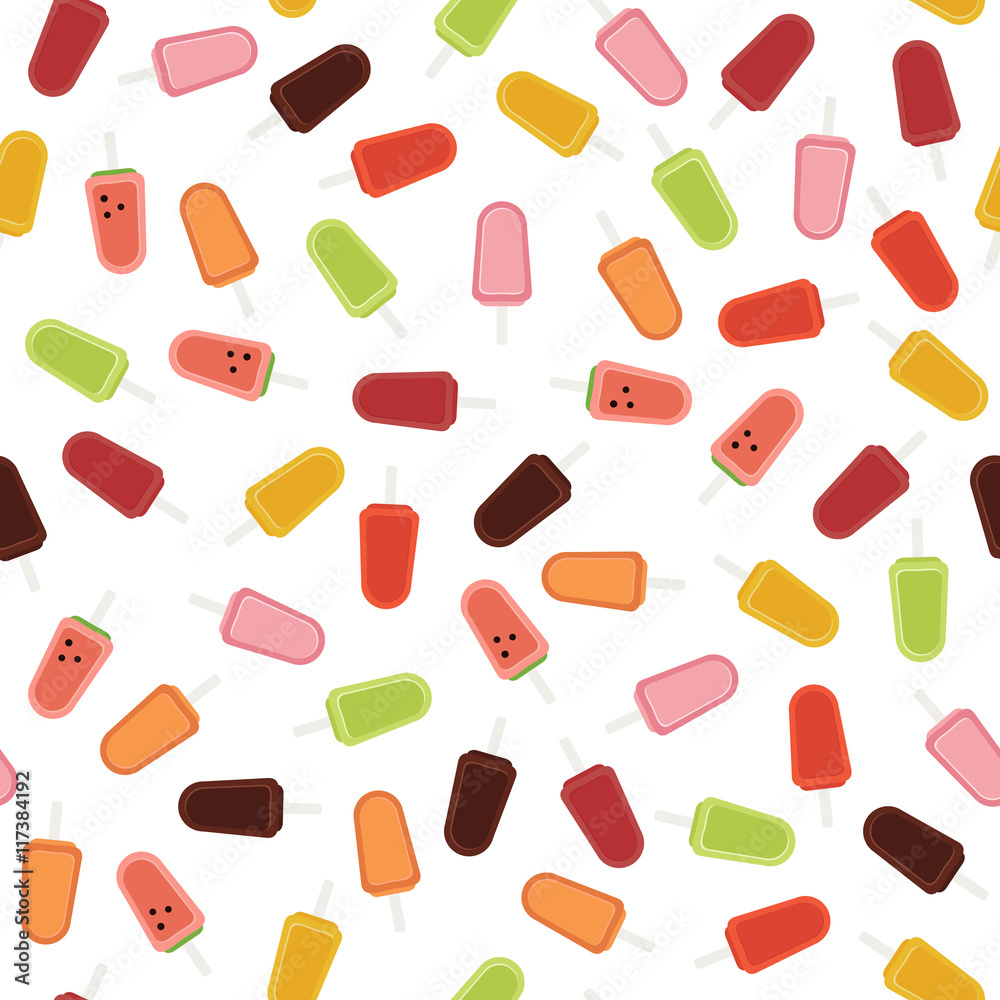 Homemade Ice Cream. Seamless pattern. Colorful fruit background. Lemon, orange, melon and peach lollipops. Delicious summer dessert. Natural healthy food.