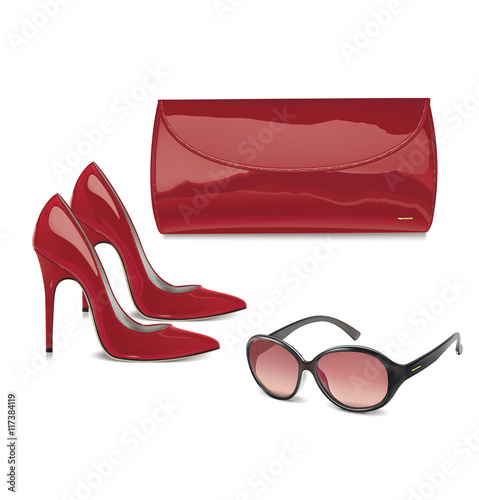 Pair of red patent leather female high-heeled shoes, mini bag an