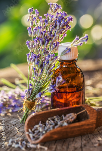 Fototapeta Naklejka Na Ścianę i Meble -  Bunch of lavandula or lavender flowers and oil bottle are on the