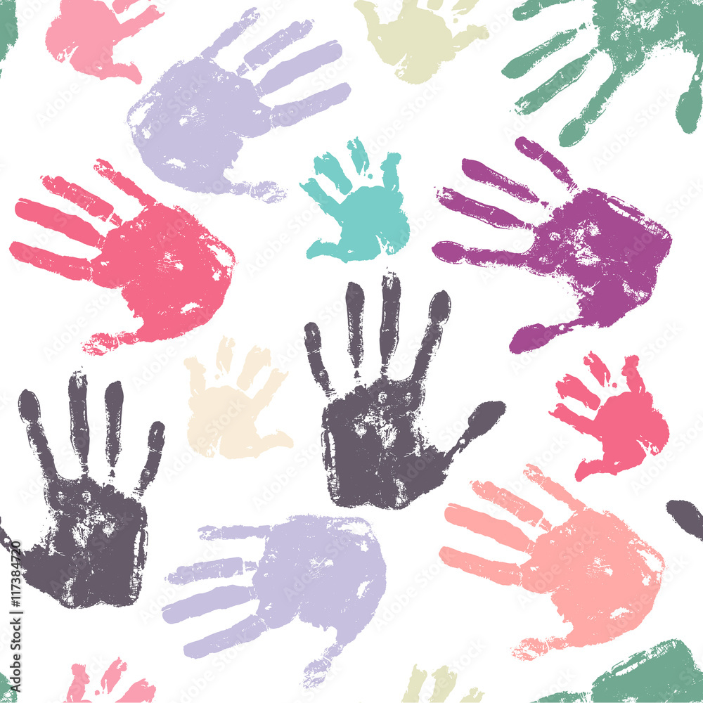 Fototapeta premium Family handprint seamless pattern. Colorful background with child, woman and man handprints. Vector illustration.