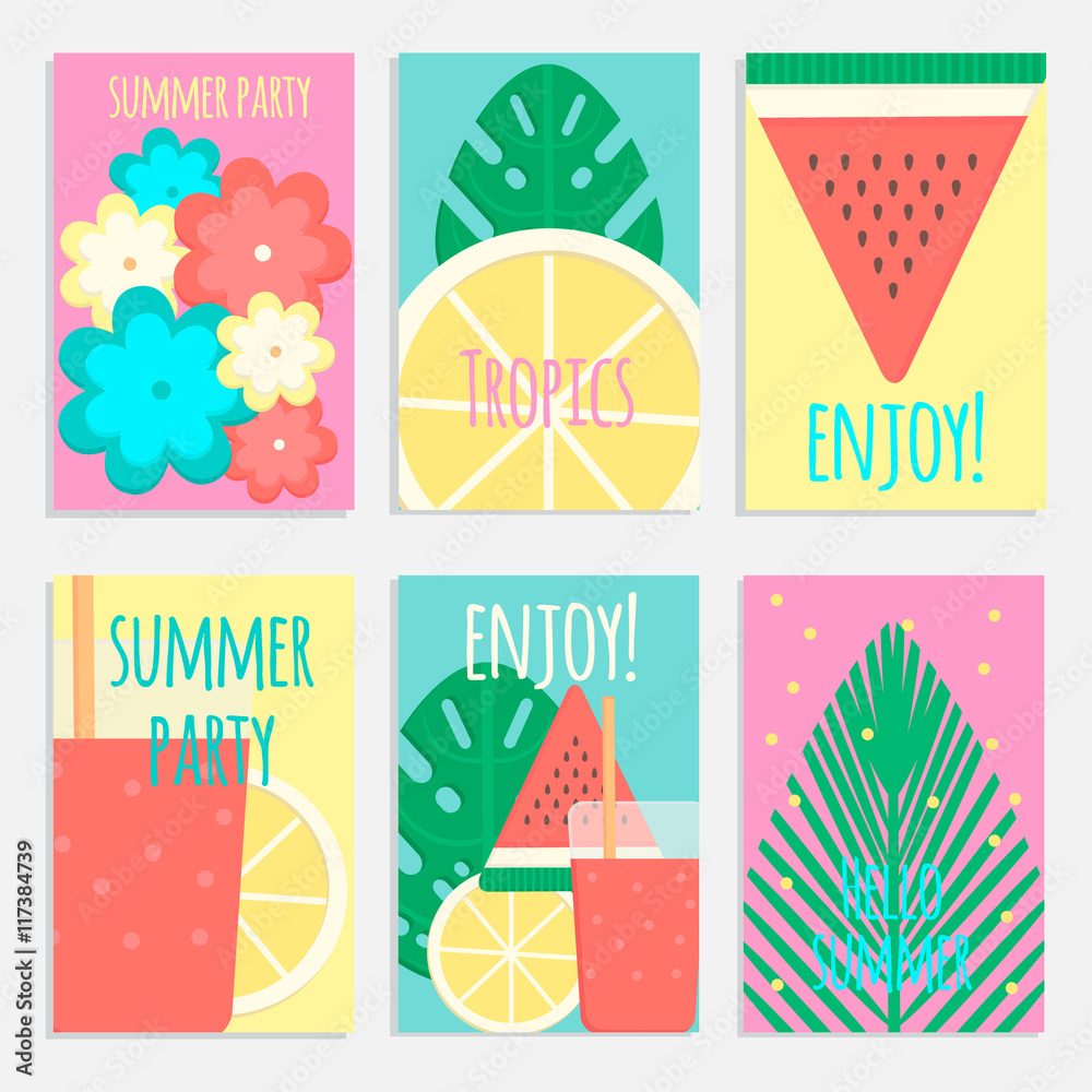 Tropical cocktails with palms posters, banners and cards in flat style. Vector illustration for bars, restaurants, shops, tourism and market.