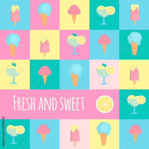 Ice cream icons in flat style. Vector collection of ice creams for bars, restaurants and menu.
