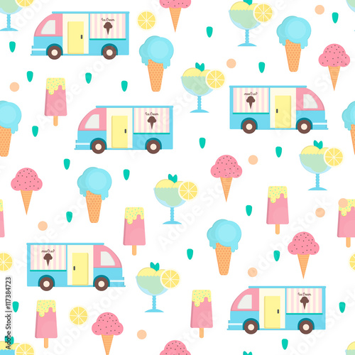 Ice cream seamless pattern in flat style. Background with eskimo, ice cream cone and sorbet and ice cream van. Vector illustration for print, textile, wallpaper and menus.
