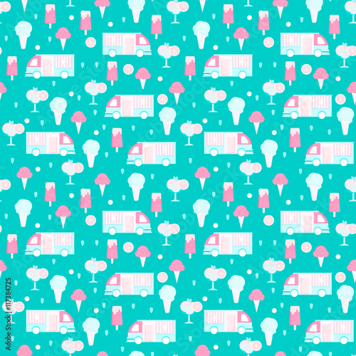 Ice cream seamless pattern in flat style. Background with eskimo, ice cream cone and sorbet and ice cream van. Vector illustration for print, textile, wallpaper and menus.