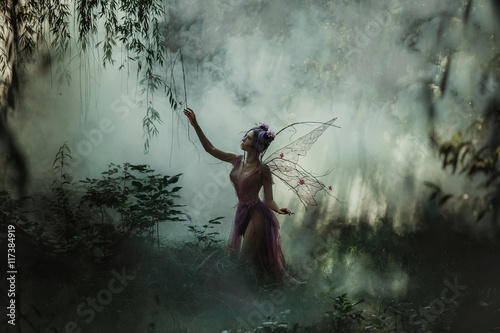Fantastic photo shoot with smoke. Fairy Coquette walking in the fog. Background fairy forest, vines and trees. Unusual fabulous looks, purple dress and torn wings. Fancy toning. photo
