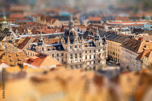 Top view on the town hall from the castle hill in Graz city. Traveling Austria. Tilt-shift image technic