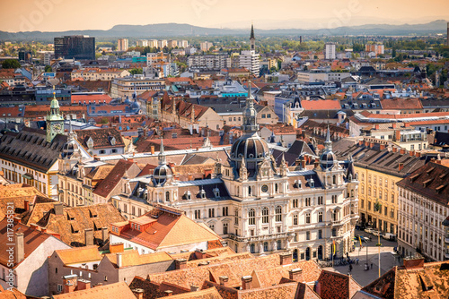 Top view on the town hall from the castle hill in Graz city. Traveling Austria photo