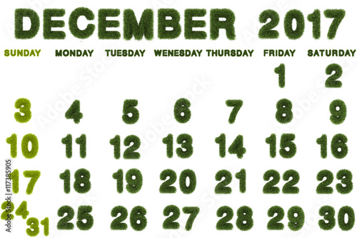 Calendar for December 2017 on white background 3d rendering green grass