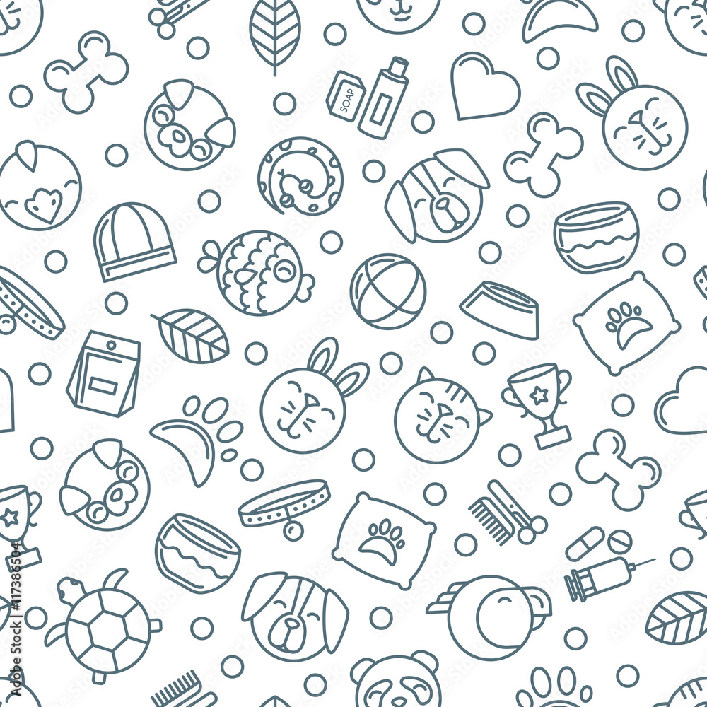 Vector seamless pattern with outline pets icons. Goods for animals. Design for pet shop, pets care, grooming or veterinary. Monochrome simple background for textile print, wrapping paper.