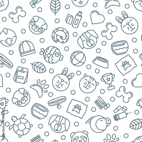 Vector seamless pattern with outline pets icons. Goods for animals. Design for pet shop, pets care, grooming or veterinary. Monochrome simple background for textile print, wrapping paper.