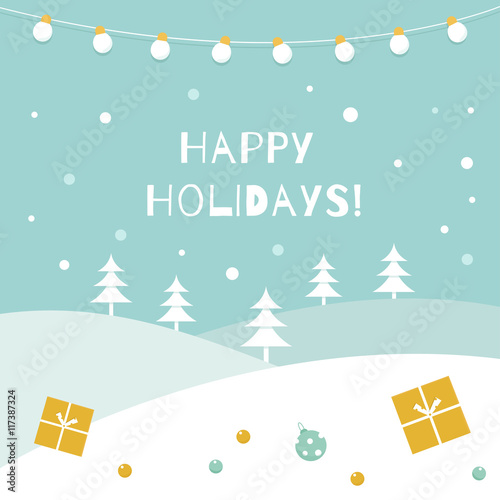 Happy Holidays Winter Background. Garland of Lights and Snow Landscape