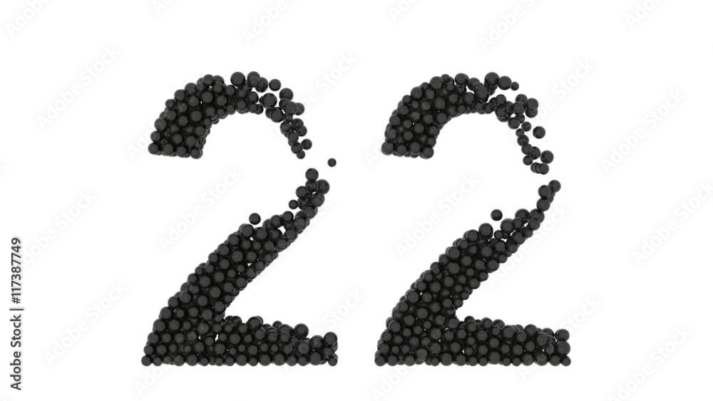 Number 22, twenty-two, made of small black balls densely packed to form the digit with a few missing at the top for a partial edge isolated on white Number 22, twenty-two, made of small black balls densely packed to form the digit with a few missing at the top for a partial edge isolated on white