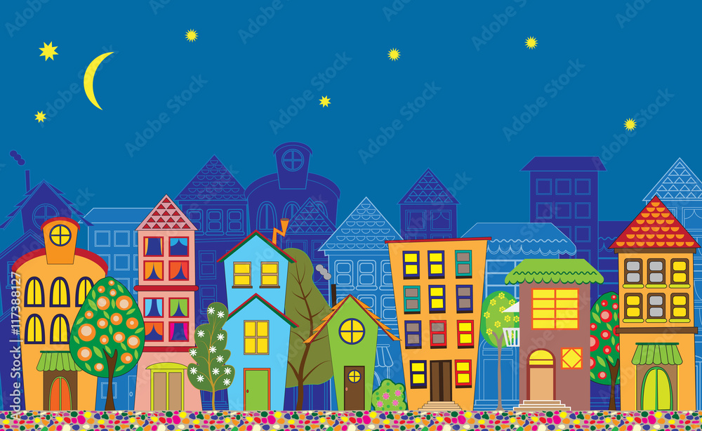 Background with funny old town buildings in the evening. 