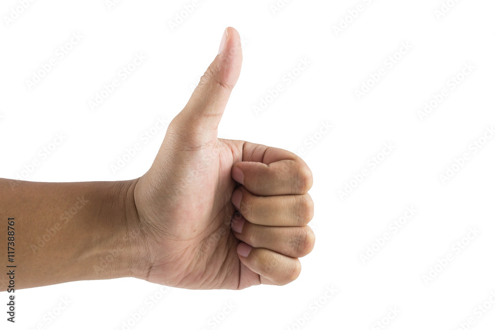 Closeup of male hand showing thumbs up sign against white background Closeup of male hand showing thumbs up sign against white background
