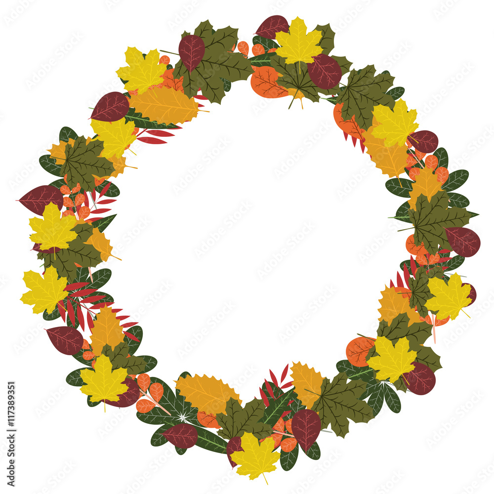 vector illustration round wreath of autumn leaves yellow green red brown color on a white background