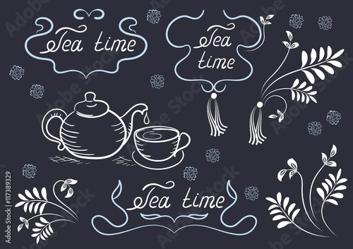 Elements signboard for cafe with ornaments, frames, tea cup, ket