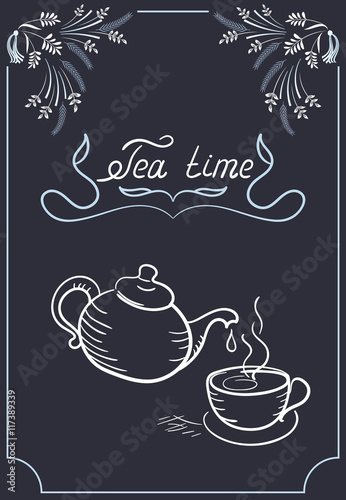 Design elements signboard for cafe with ornament, tea cup, kettl