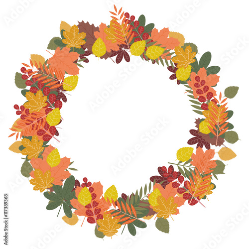 vector illustration autumn round wreath of leaves yellow green red brown color on a white background