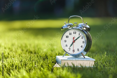 Clock and book on grass.