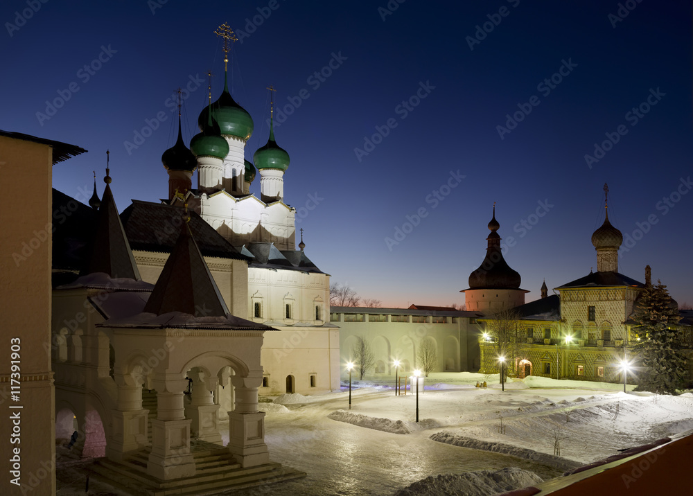 The Kremlin of Rostov the Great at night, the tower, the Church of Hodigitria and Red chamber, Russia The Kremlin of Rostov the Great at night, the tower, the Church of Hodigitria and Red chamber, Russia