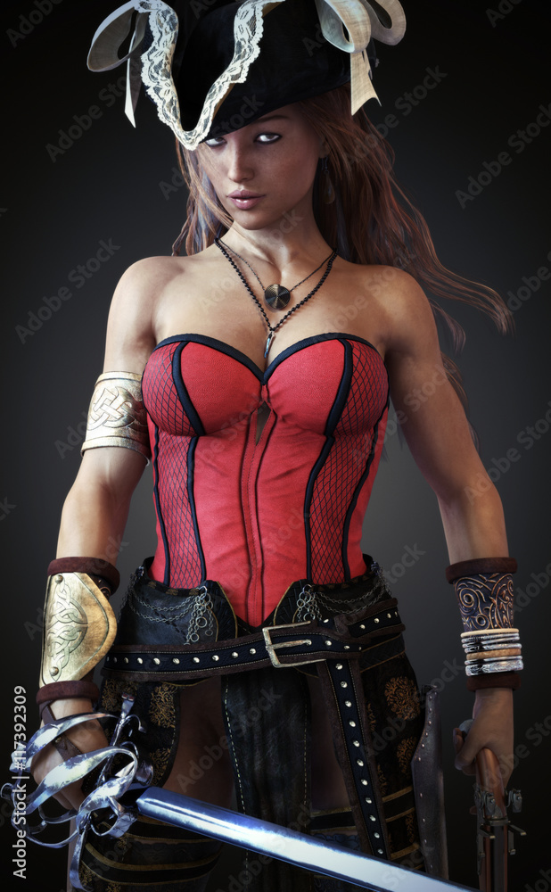 Sexy Pirate female posing with a cutlass sword and pistol on a gradient  background. 3d rendering Stock Photo | Adobe Stock