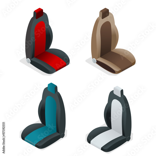 Modern set of car seat icons. Editable automotive collection. Vector isometric 3d flat illustration.
