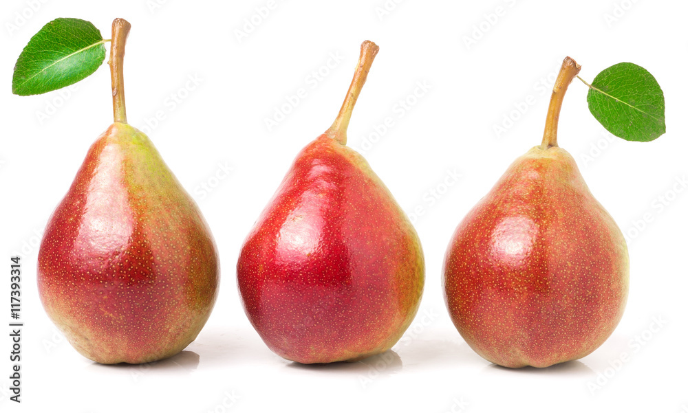Three red pears with leaves isolated on white background Three red pears with leaves isolated on white background